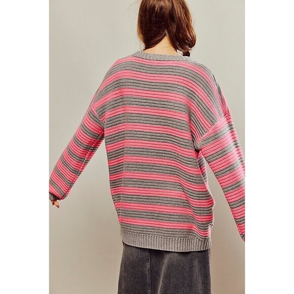 Free People Links Pullover XS Pink Gray Striped Sweater Rib Knit Oversized New - Picture 3 of 9